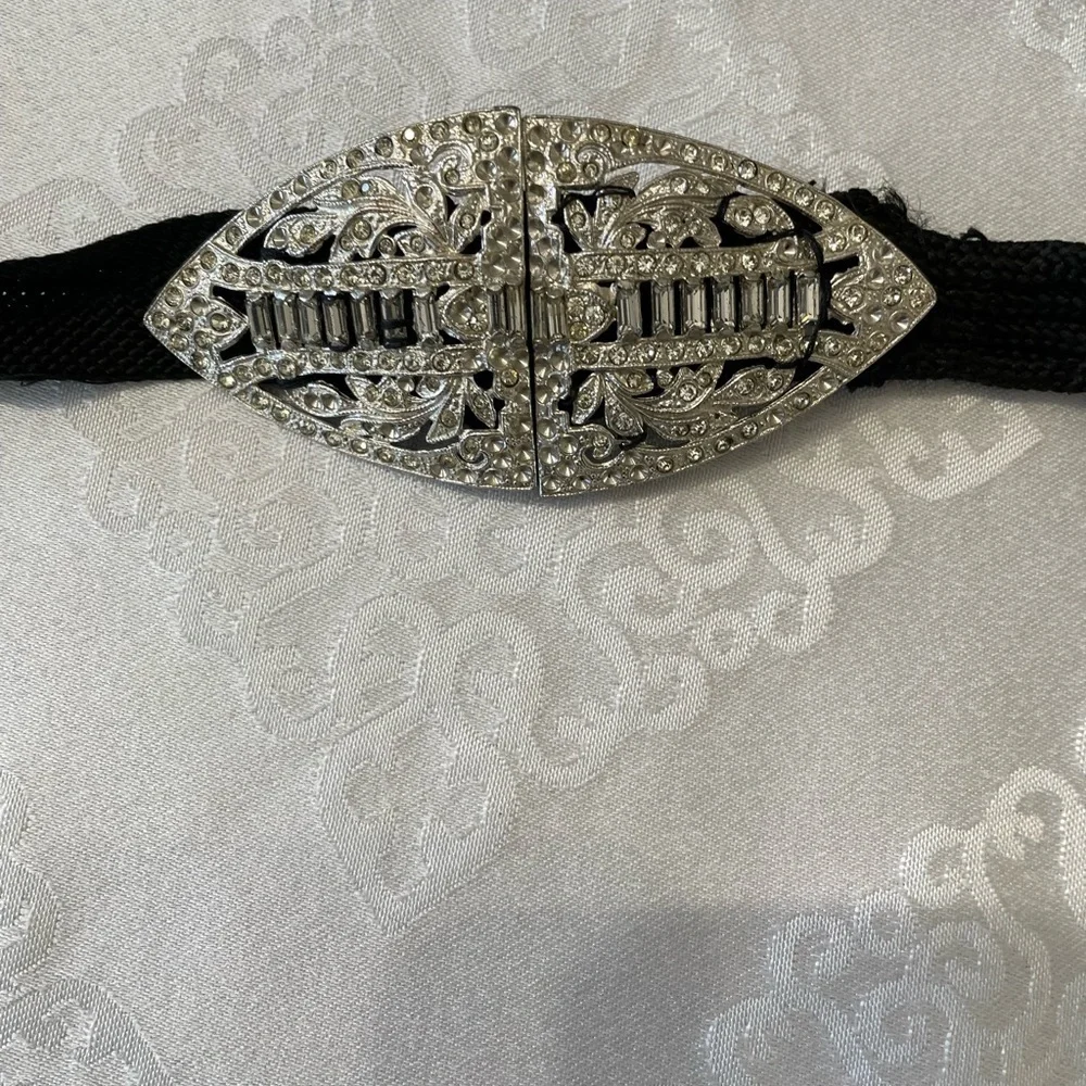 Women’s: Art Deco silver Rhinestone emblished Black Belt . 34 1/4 “